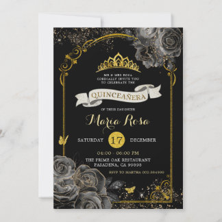 Elegante Black Rose Goldene Königliche Krone Einladung