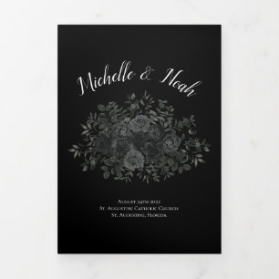 Elegante Black Rose Gothic Hochzeitsprogramme Dreifach-gefaltete Programmkarte