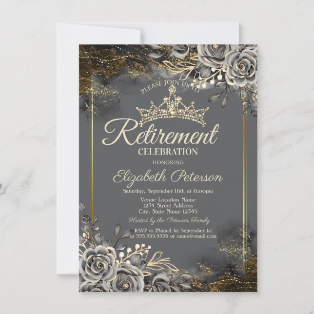 Elegante Black Rose Gray Retirement Einladung (Vorderseite)