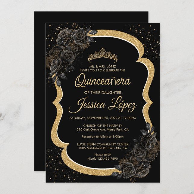 Elegante Black Rose und Gold Quinceanera Einladung (Vorne/Hinten)