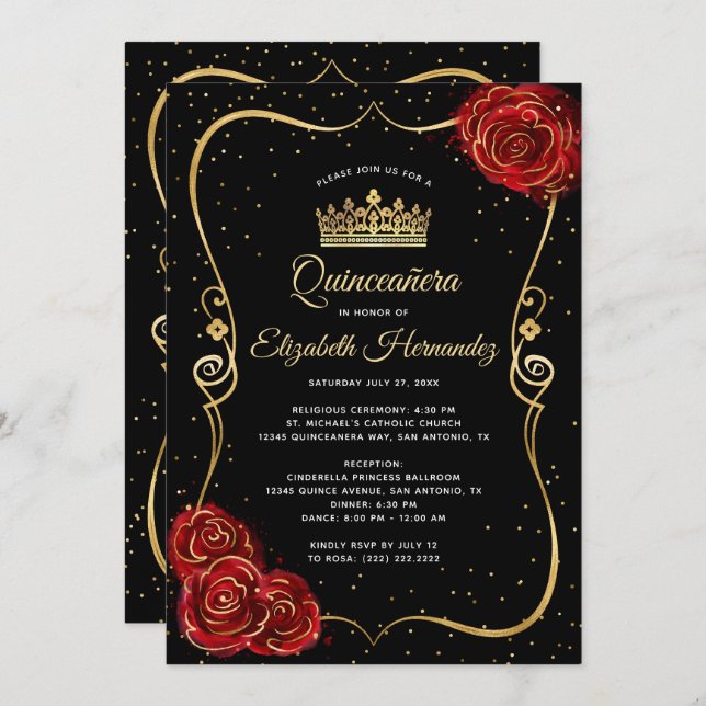 Elegante Black Rote Rose und Gold Quinceanera Einladung (Vorne/Hinten)