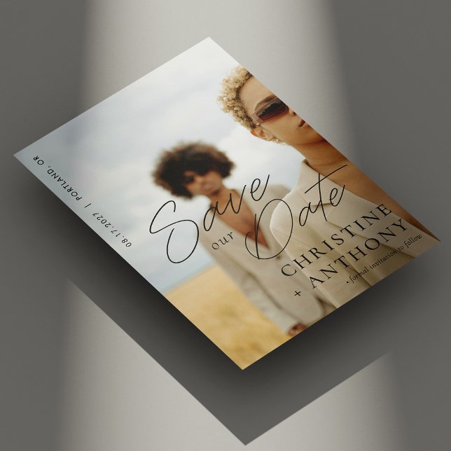 Elegante Black Script Foto Save the Date Karte (Personalized Elegant Black Script Photo Save The Date Card)