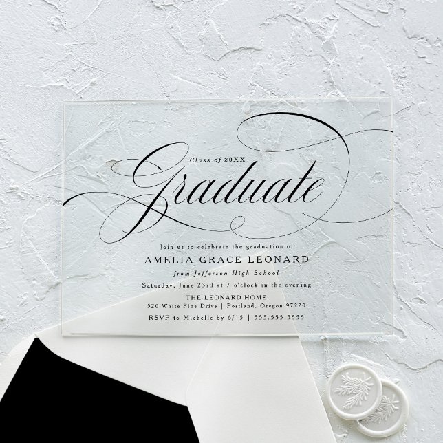 Elegante Black Script Graduation Party Acryleinladungen (Von Creator hochgeladen)