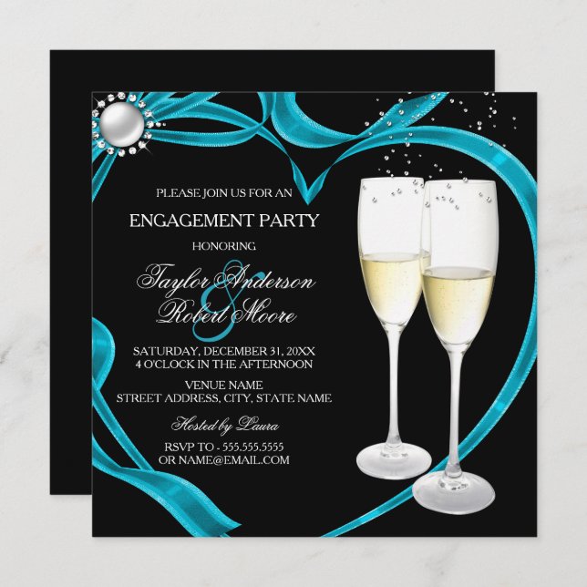 Elegante Black Silver & Aquamarin Engagement Party Einladung (Vorne/Hinten)