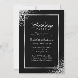 Elegante Black Silver Confetti Geburtstagsparty Einladung