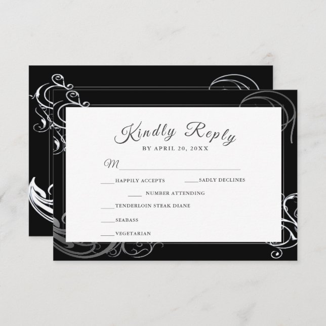 Elegante Black Silver Curls Hochzeitsessen RSVP Karte (Vorne/Hinten)