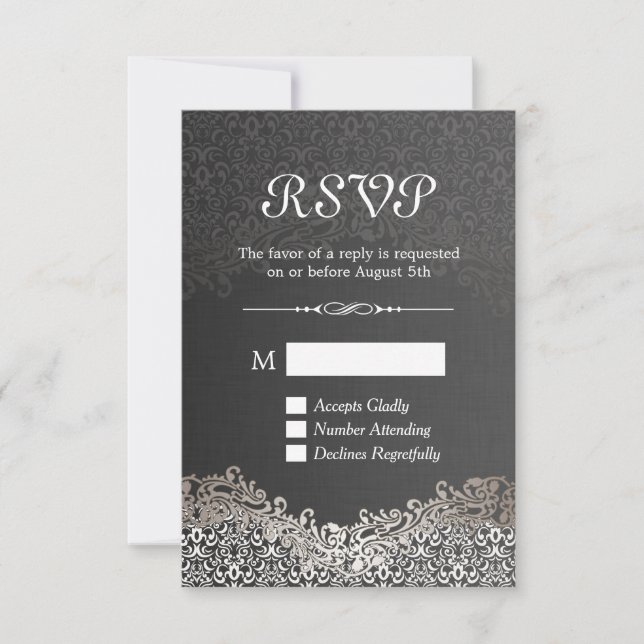Elegante Black Silver Damask RSVP-Karte RSVP Karte (Vorderseite)