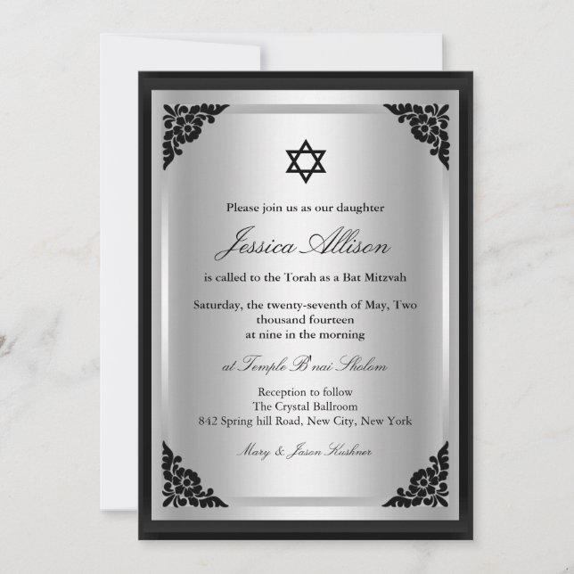 Elegante Black & Silver Fledermaus Mitzvah Einladu Einladung (Vorderseite)
