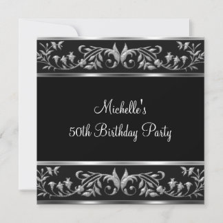 Elegante Black & Silver Floral 50. Geburtstagspart Einladung