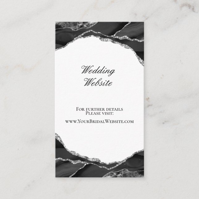 Elegante Black Silver Foil Agate Wedding Website Begleitkarte (Vorderseite)