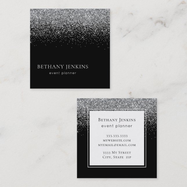 Elegante Black Silver Glitzer Business Card Quadratische Visitenkarte (Vorne/Hinten)