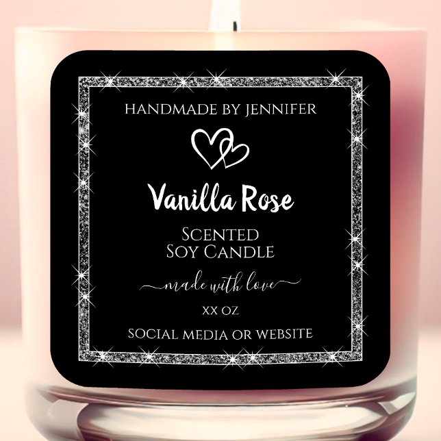 Elegante Black Silver Glitzer Stars Produktkennzei Quadratischer Aufkleber (Von Creator hochgeladen)