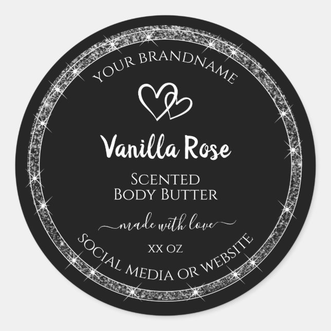 Elegante Black Silver Glitzer Stars Produktkennzei Runder Aufkleber (Vorderseite)