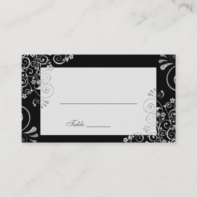 Elegante Black Silver Gray Swirl Wedding Platzkarte (Vorderseite)