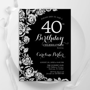 Elegante Black Silver Rose 40. Geburtstag Party Einladung