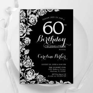Elegante Black Silver Rose 60. Geburtstagsparty Einladung