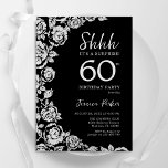 Elegante Black Silver Rose Überraschung 60. Geburt Einladung<br><div class="desc">Schwarz-Silber-Blumenüberraschung 60. Geburtstagsfeier Einladung. Elegantes Design mit Rose,  Imitaten silberne Folie und Typografie Script Schriftart. Die trendige Einladungskarte eignet sich perfekt für eine stilvolle Damenfeier. Kann für jedes Alter angepasst werden. Gedruckte Zazzle-Einladungen oder Sofortdownload digitaler Druckvorlage.</div>