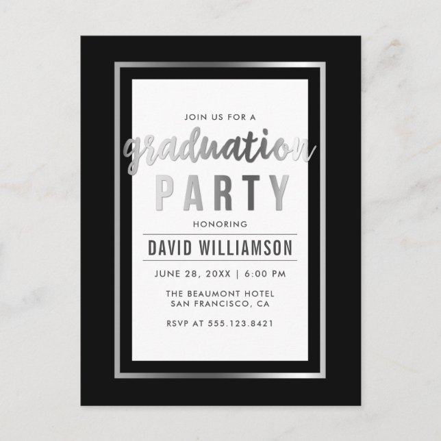 Elegante Black & Silver Typografy Graduation Party Einladungspostkarte (Vorderseite)