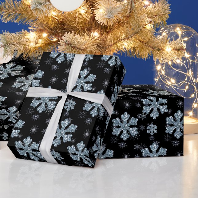 Elegante Black Silver Weihnachts-Schneeflocke Geschenkpapier (Feiertage)