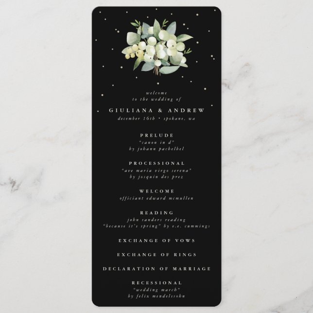 Elegante Black Snowberry+Eucalyptus Bouquet Weddin Programm (Vorderseite)