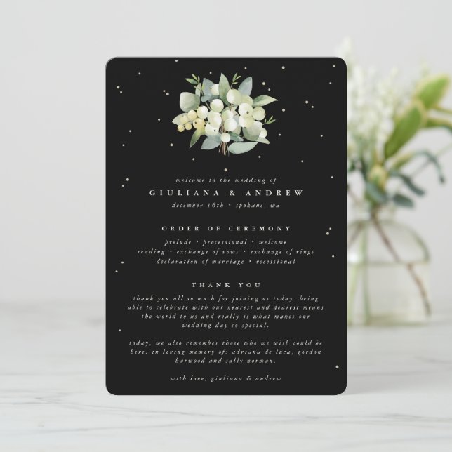 Elegante Black Snowberry+Eucalyptus Bouquet Weddin Programm (Stehend Vorderseite)