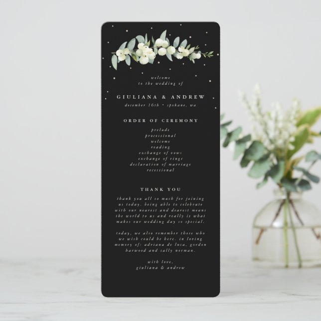 Elegante Black Snowberry+Eucalyptus Stem Wedding Programm (Stehend Vorderseite)