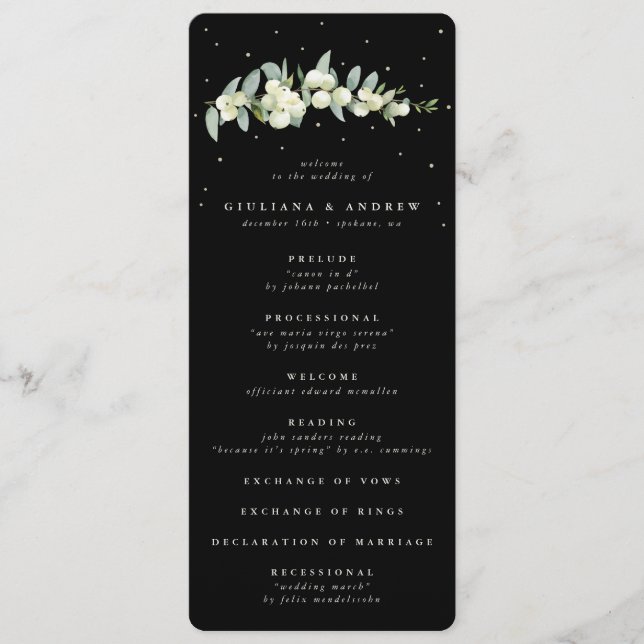 Elegante Black Snowberry+Eucalyptus Stem Wedding Programm (Vorderseite)
