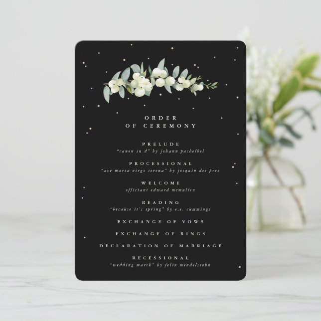 Elegante Black Snowberry+Eucalyptus Stem Wedding Programm (Stehend Vorderseite)