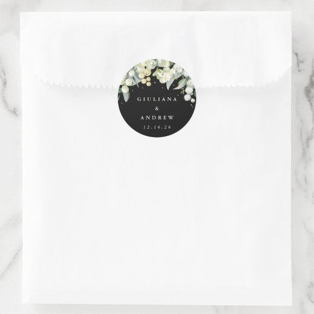 Elegante Black Snowberry+Eucalyptus Wedding Runder Aufkleber (Tasche)