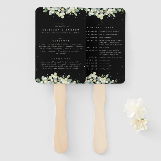 Elegante Black Snowberry+Eucalyptus Winter Wedding Fächer (Vorne und Hinten)