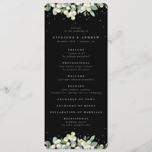 Elegante Black Snowberry+Eucalyptus Winter Wedding Programm (Vorderseite)