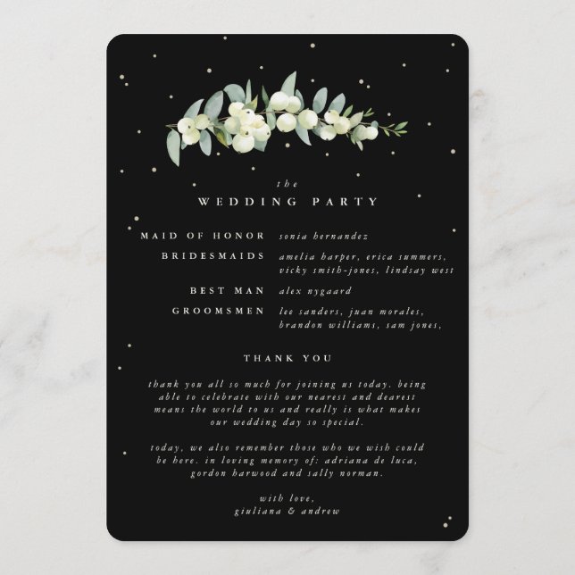 Elegante Black Snowberry+Eucalyptus Winter Wedding Programm (Rückseite)