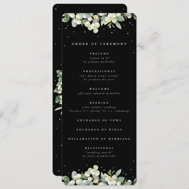 Elegante Black Snowberry+Eucalyptus Winter Wedding Programm (Vorne/Hinten)