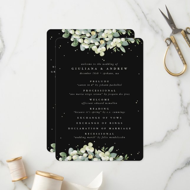 Elegante Black Snowberry+Eucalyptus Winter Wedding Programm (Vorderseite/Rückseite Beispiel)