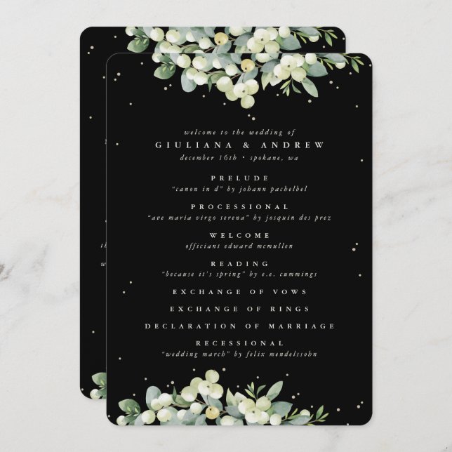 Elegante Black Snowberry+Eucalyptus Winter Wedding Programm (Vorne/Hinten)