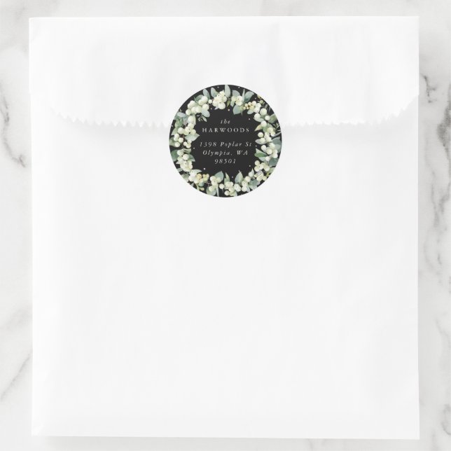Elegante Black Snowberry+Eucalyptus Wreath-Adresse Runder Aufkleber (Tasche)