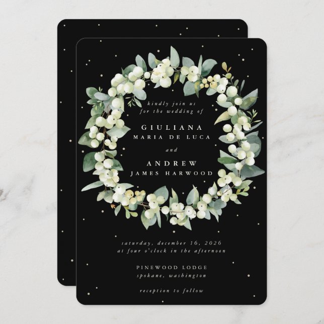 Elegante Black Snowberry+Eucalyptus Wreath Wedding Einladung (Vorne/Hinten)