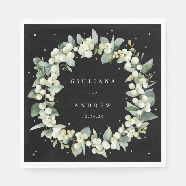 Elegante Black Snowberry+Eucalyptus Wreath Wedding Serviette (Vorderseite)
