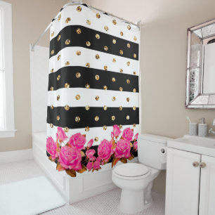 Elegante Black Stripes Gold Glitzer Dots Rosa Rose Duschvorhang