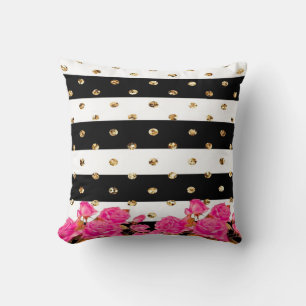 Elegante Black Stripes Gold Glitzer Dots Rosa Rose Kissen