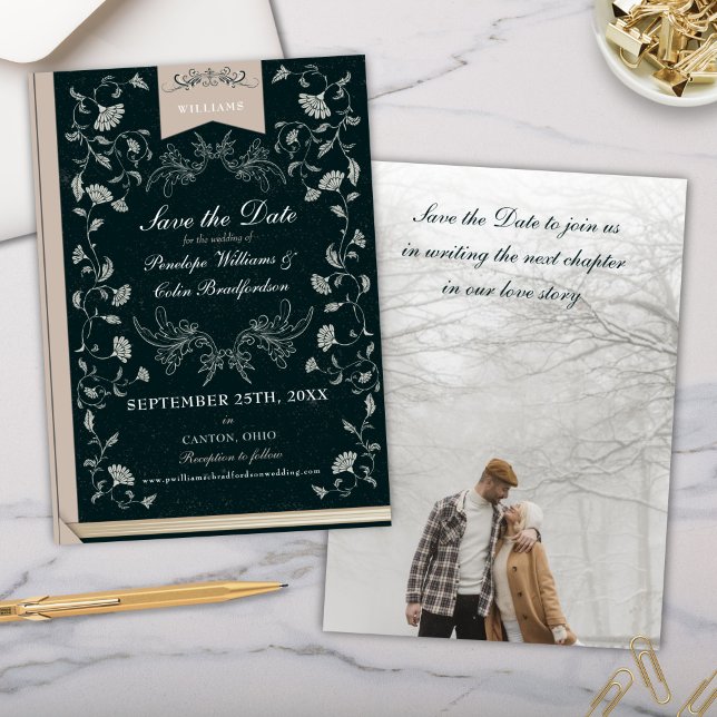 Elegante Black Tan Book Cover Wedding Save the Dat Einladung (Vintage black and beige victorian era wedding save the date invitations)