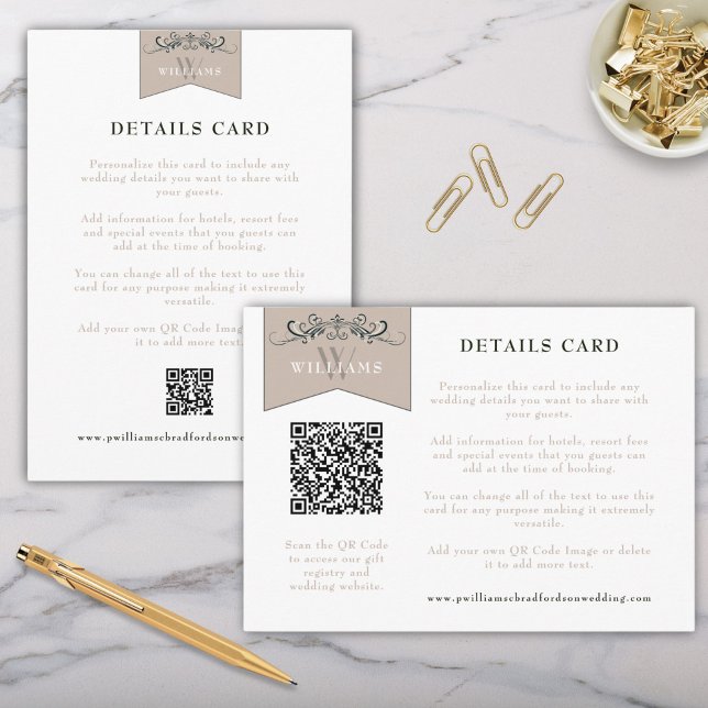 Elegante Black Tan Kapitel Seite Hochzeitkarte Bei Begleitkarte (Vertical and Horizontal Elegant Vintage Wedding Details Cards with QR Code Space Included)