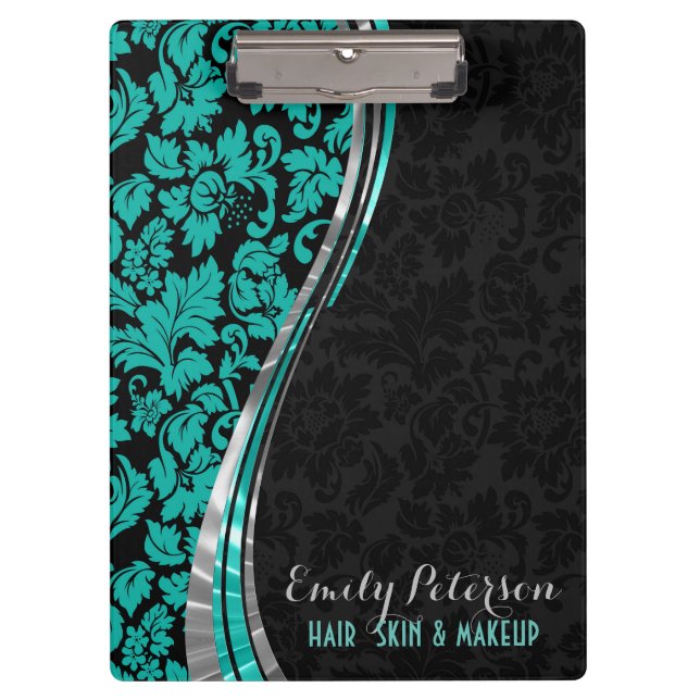 Elegante Black & Turquo Damaskus mit Silberakzente Klemmbrett (Vorderseite)