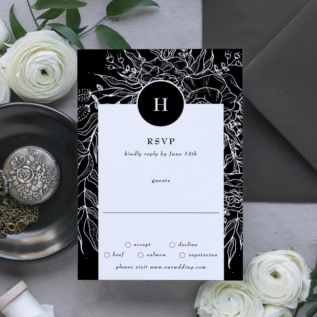 Elegante Black Tuxedo Monogram Wreath Wedding RSVP Karte (Von Creator hochgeladen)