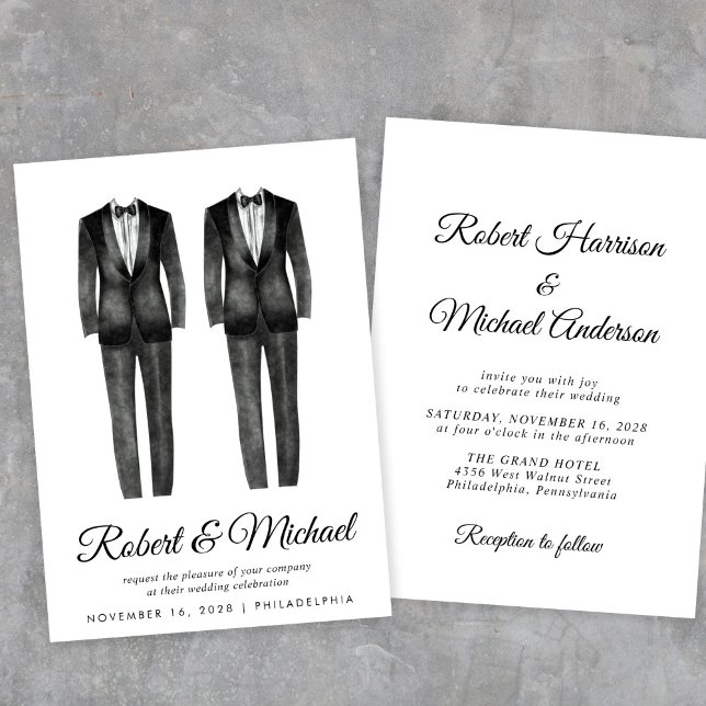 Elegante Black Tuxedo Wasserfarben Gay Wedding Einladung (Von Creator hochgeladen)