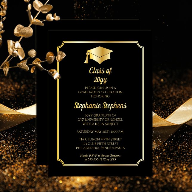 Elegante Black University Graduation Party Gold Folieneinladung (Elegant Black College or University Graduation Party Gold Foil Invitation)