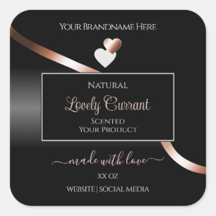 Elegante Black Wavy Rose Gold Hearts Produktmarken Quadratischer Aufkleber