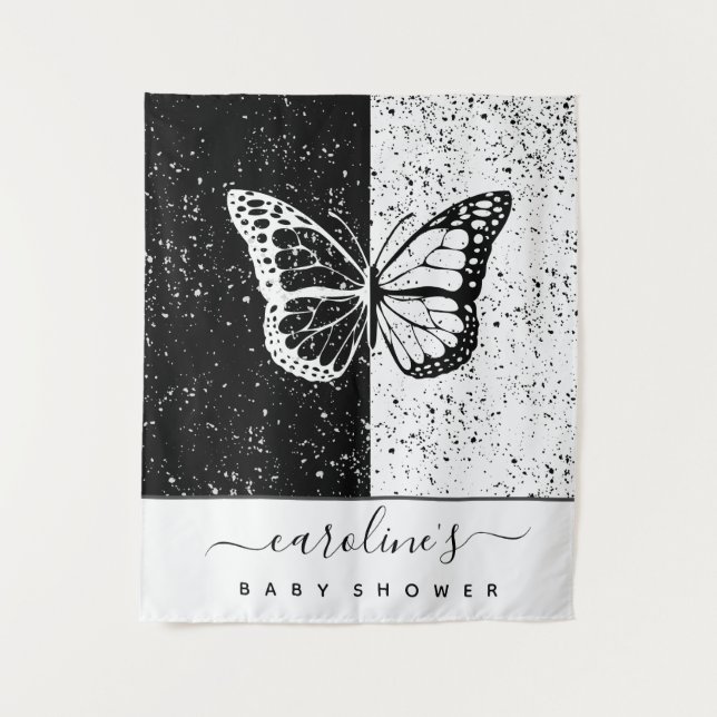 Elegante Black & White Butterfly Babydusche gepunk Wandteppich (Vorderseite)