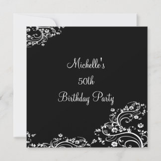 Elegante Black & White Floral 50. Geburtstagsparty Einladung