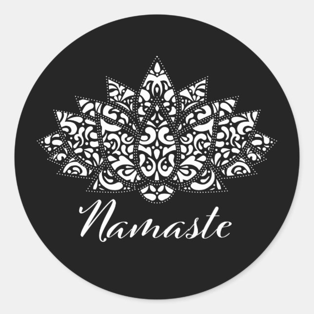 Elegante Black & White Lotus Yoga Namaste Runder Aufkleber (Vorderseite)